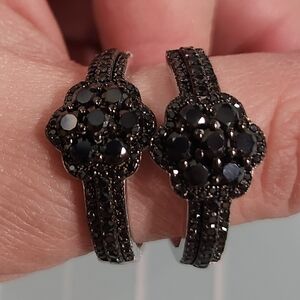 NWT JTV Black Spinel And Sterling Silver Floral Hoop Earrings